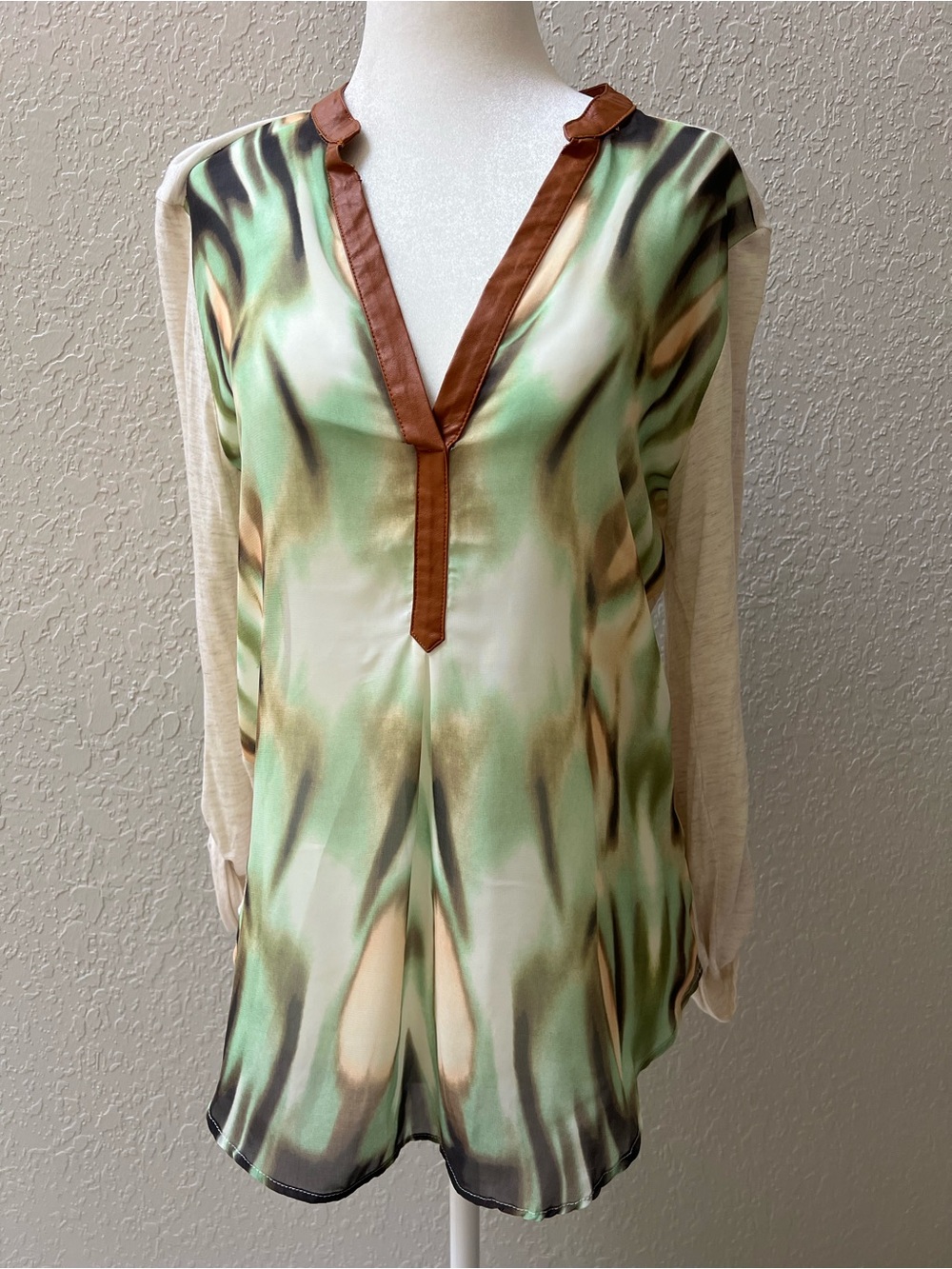 Anthropologie Tiny Green and Cream V-Neck Sheer Blouse with Leather Trim